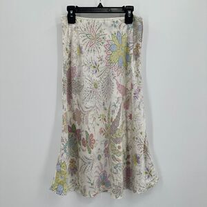 III State Tulip Skirt 8 Cream Ditsy Floral 100% Silk Flowy Reverse Print 90s Y2k